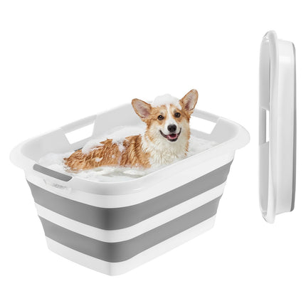 Collapsible Dog Bath Tub With Drain, 34 L, Gray White