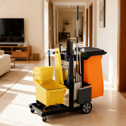 Cărucior de curățenie comercial cu 3 rafturi și sac de gunoi