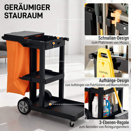 Cărucior de curățenie comercial cu 3 rafturi și sac de gunoi