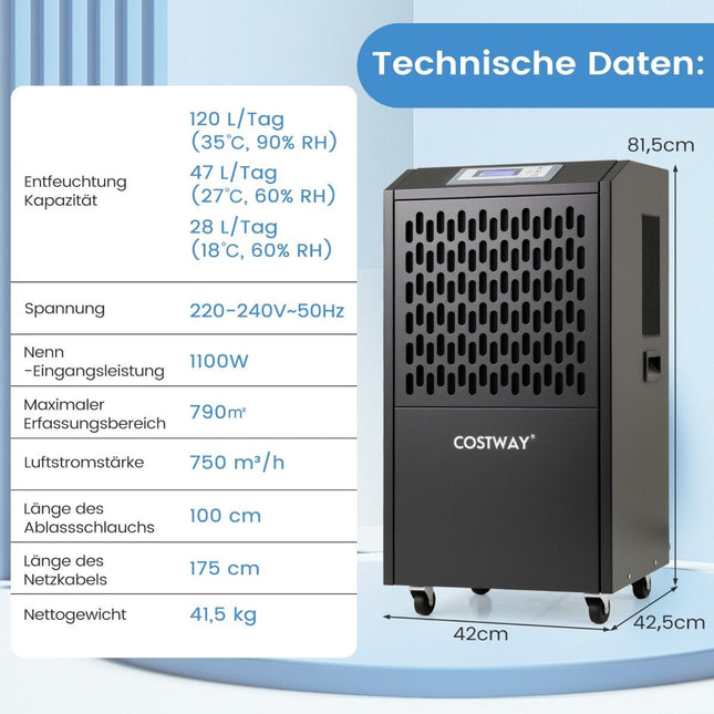 Dezumidificator comercial, 118L/zi, scurgere automată, 4 roți