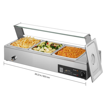 Commercial Food Warmer, 1500W, Stainless Steel, 3 Half Pans