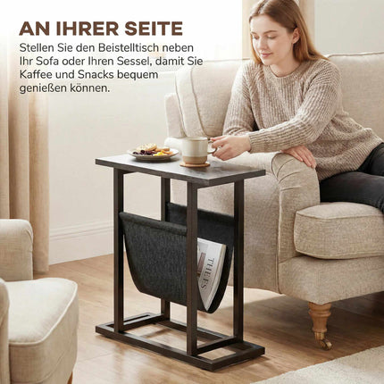 Masă laterală compactă neagră cu cadru din oțel și buzunar din material textil