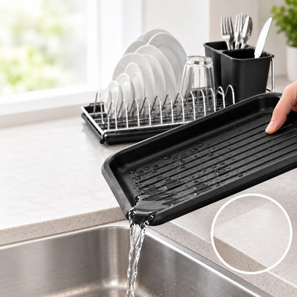 Compact Dish Drainer for 12 Plates with Drip Tray, Cutlery Holder, Black