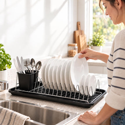 Compact Dish Drainer for 12 Plates with Drip Tray, Cutlery Holder, Black