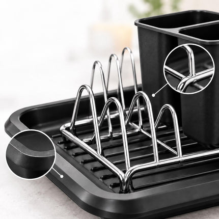 Compact Dish Drainer for 12 Plates with Drip Tray, Cutlery Holder, Black
