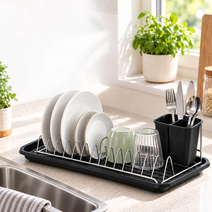 Compact Dish Drainer for 12 Plates with Drip Tray, Cutlery Holder, Black