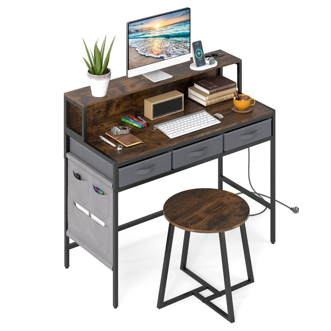 Set birou de calculator cu prize și scaun – Maro rustic