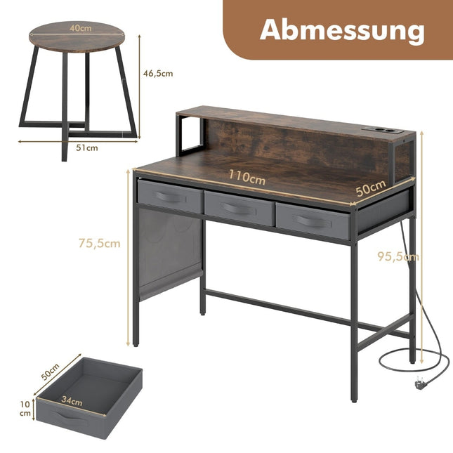 Set birou de calculator cu prize și scaun – Maro rustic