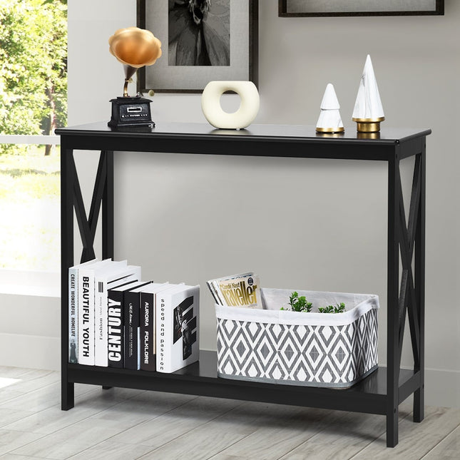Consolă cu 2 rafturi, cadru X, negru, 100x30x80 cm