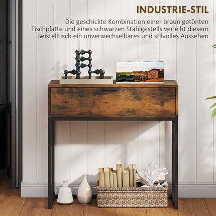 Masă consolă cu sertar, design industrial, 80x30x76 cm, neagră