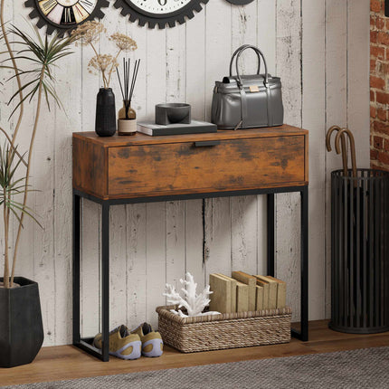 Masă consolă cu sertar, design industrial, 80x30x76 cm, neagră