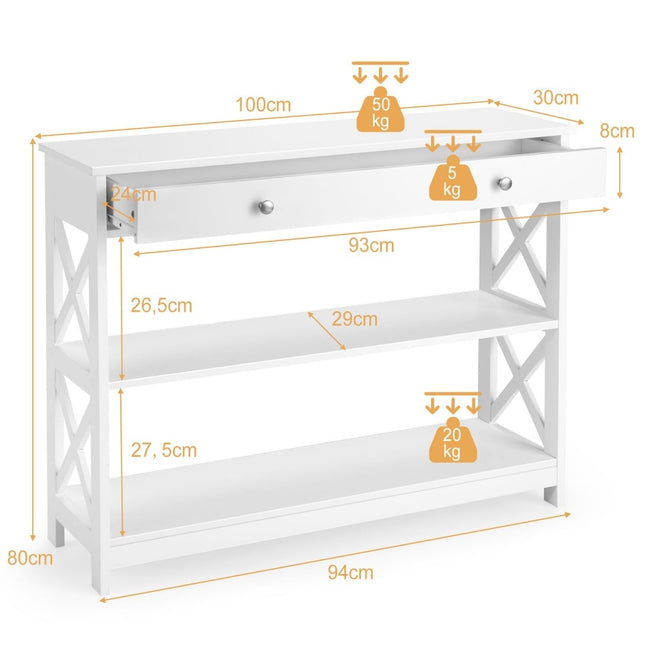 Masă consolă cu sertar și rafturi, MDF alb, 100x30x80 cm