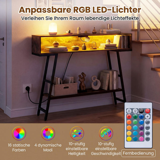 Masă consolă cu iluminare LED și stație de încărcare, 3 niveluri, maro rustic