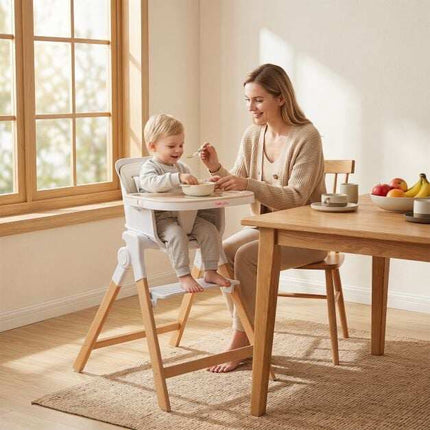 Scaun înalt convertibil pentru bebeluși cu tavă reglabilă, bej