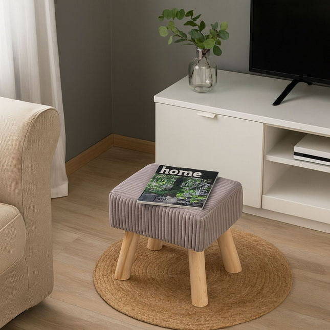 Cord Pouffe – Upholstered Footrest with Wooden Legs