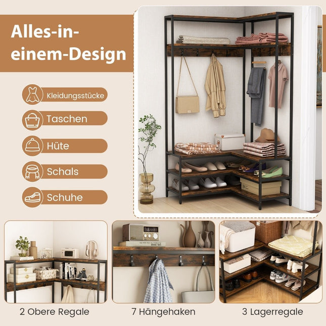 Suport pentru haine de colț cu bancă Suport haine în formă de L cu rafturi deschise 90 x 90 x 178 cm Maro rustic