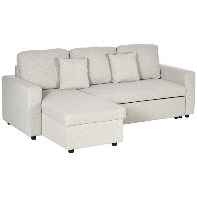 Corner Sofa Bed with Storage, Cream White Linen, L-Shape