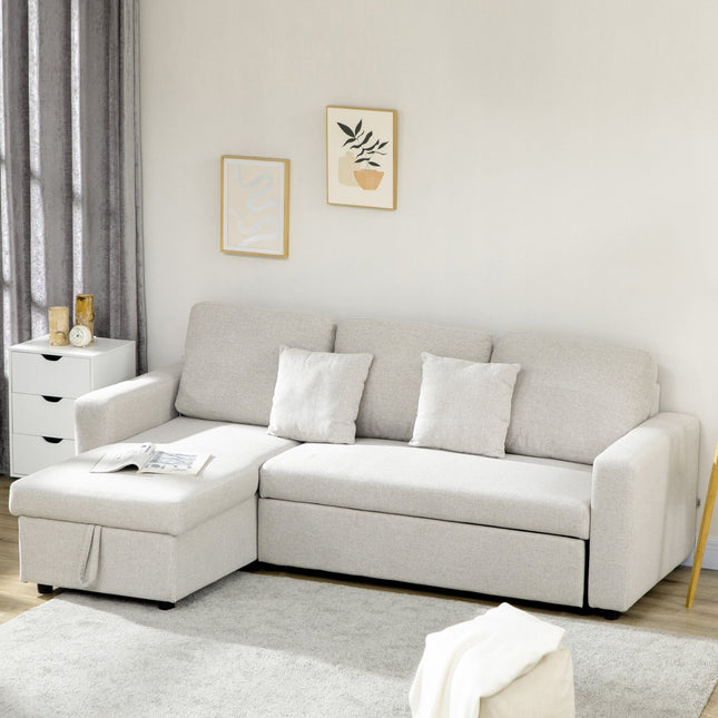 Corner Sofa Bed with Storage, Cream White Linen, L-Shape