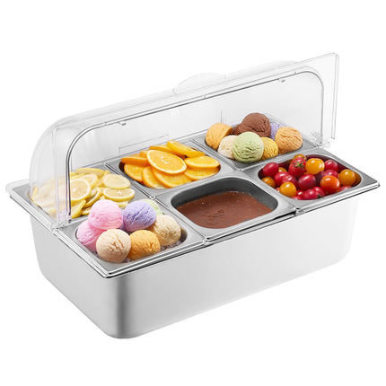 Countertop Condiment Server, 6-Pan Stainless, Clear Lid