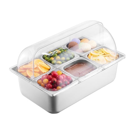 Countertop Condiment Server, 6-Pan Stainless, Clear Lid