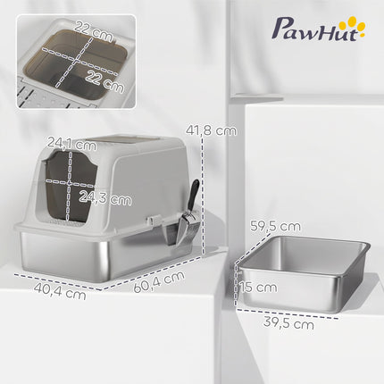 Litiera acoperită pentru pisici, tavă din oțel inoxidabil, intrare frontală, ieșire superioară