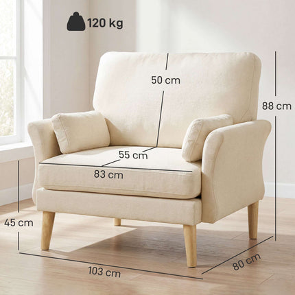 Fotoliu decorativ din catifea crem, șezut de 83 cm, include 2 perne