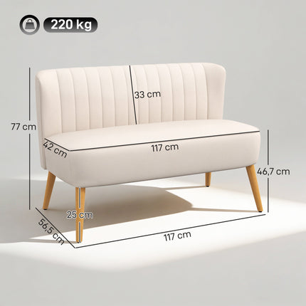 Canapea cu 2 locuri, alb crem, material rezistent, picioare din lemn
