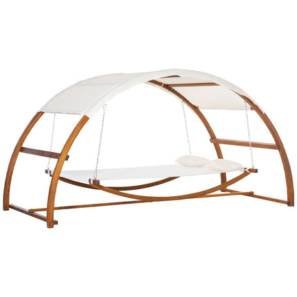 Cream white hammock with wooden frame and canopy, indoor/outdoor