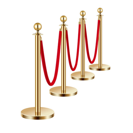 Crowd Control Stanchion Set, 4-Pack, Gold, 5 ft, Red Velvet Ropes
