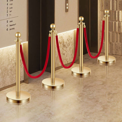 Crowd Control Stanchion Set, 4-Pack, Gold, 5 ft, Red Velvet Ropes