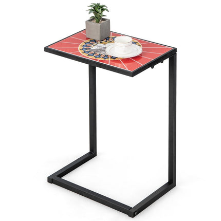 Masuta laterala in forma de C masa canapea cu cadru metalic masa de patio 46,5 x 32 x 65,5 cm negru + rosu