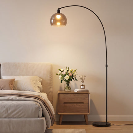 Curved Floor Lamp with Marble Base and Foot Switch, E27, 180 cm, Grey, Black