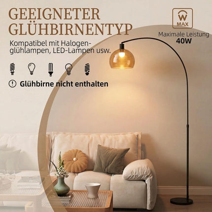 Curved Floor Lamp with Marble Base and Foot Switch, E27, 180 cm, Grey, Black