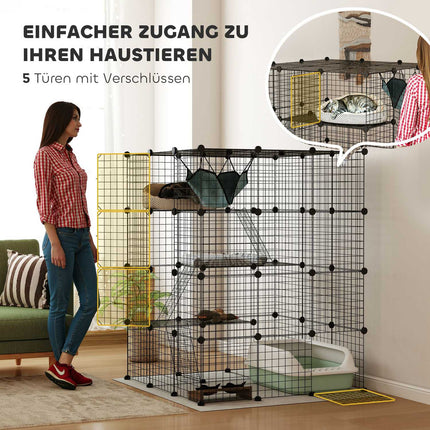 Cușcă pentru pisici DIY cu centru de activități, 4 niveluri, 5 uși