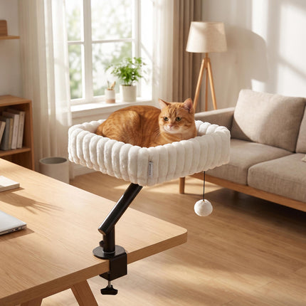 Desk Cat Bed with Adjustable Clamp and 360° Rotation, Hanging Ball, White