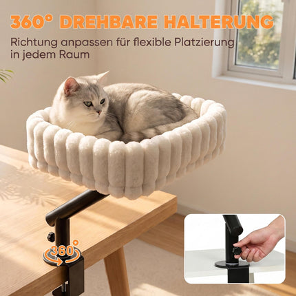 Desk Cat Bed with Adjustable Clamp and 360° Rotation, Hanging Ball, White