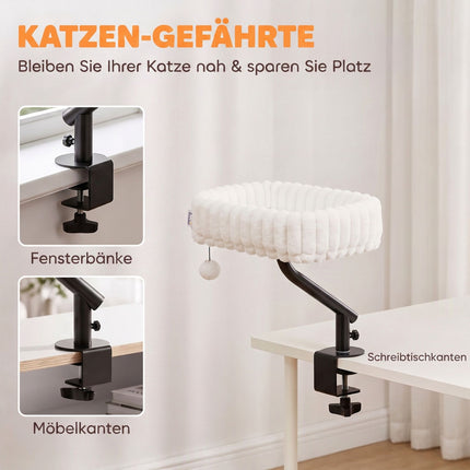 Desk Cat Bed with Adjustable Clamp and 360° Rotation, Hanging Ball, White