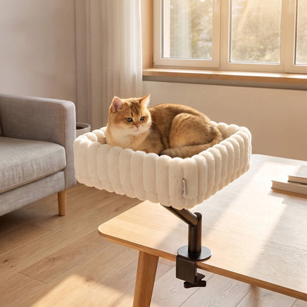 Desk Cat Bed with Adjustable Clamp and 360° Rotation, Hanging Ball, White