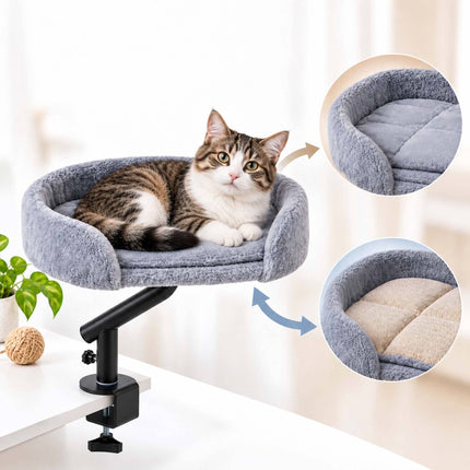 Desk Mounted Cat Bed with Clamp and Reversible Cushion, Grey, Up to 25 kg