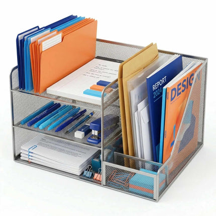 Organizator de birou, plasă metalică, 5 compartimente