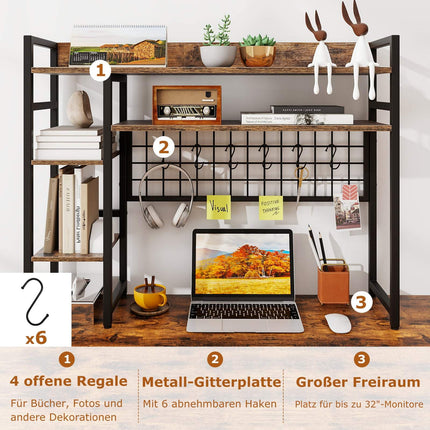 Organizator de raft pentru birou cu 4 niveluri și 6 cârlige, maro