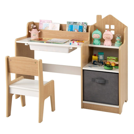Set birou si scaun pentru copii Masa student cu rafturi deschise Alb + Natural