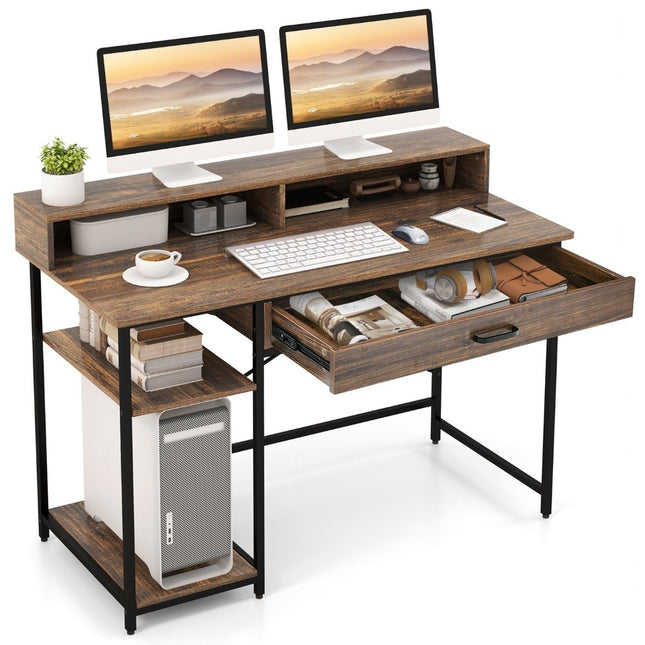 Birou cu suport pentru monitor cu sertar și birou pentru computer cu 2 rafturi deschise cu cadru metalic 120 x 56 x 90,5 cm