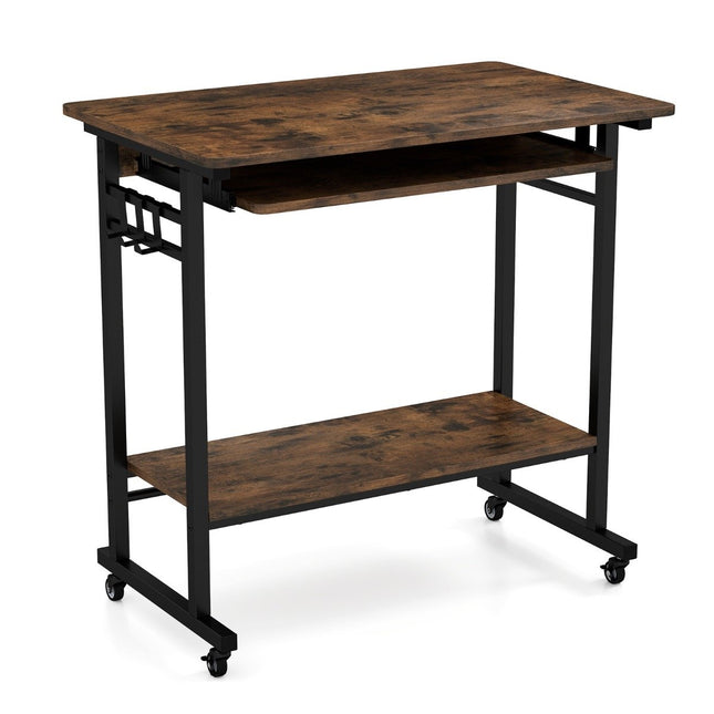 Desk with wheels & keyboard shelf & bottom shelf & hooks computer desk brown