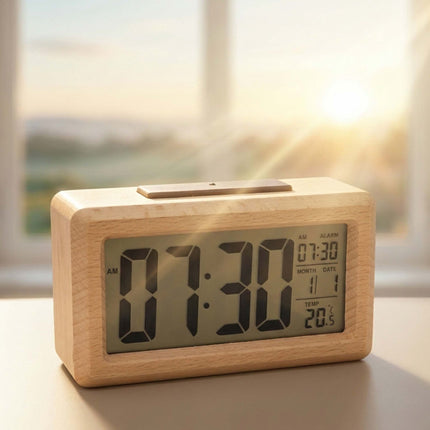 Ceas deșteptător digital din lemn de fag, finisaj natural