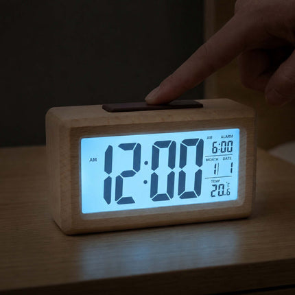 Ceas deșteptător digital din lemn de fag, finisaj natural