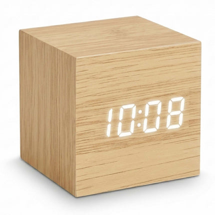 Digital Cube Alarm Clock with Temperature and Date, 3 Alarms, Wood Effect