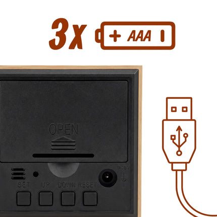 Digital Cube Alarm Clock with Temperature and Date, 3 Alarms, Wood Effect