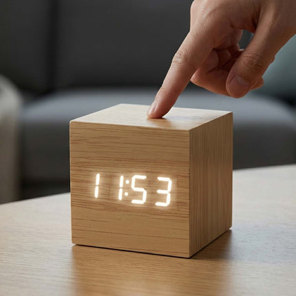 Digital Cube Alarm Clock with Temperature and Date, 3 Alarms, Wood Effect
