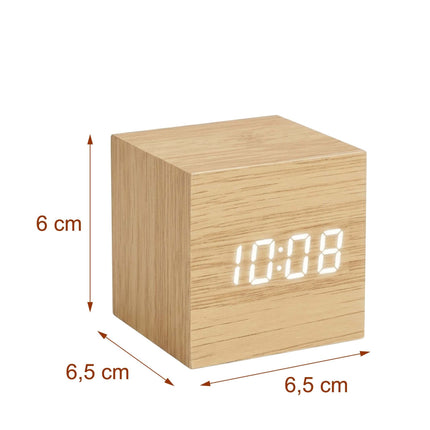 Digital Cube Alarm Clock with Temperature and Date, 3 Alarms, Wood Effect